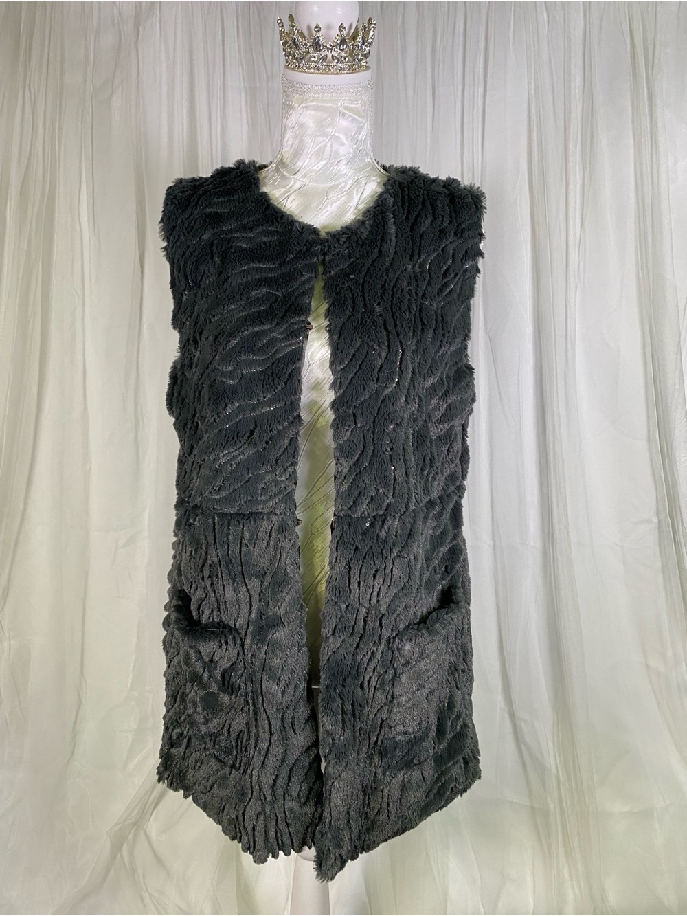 Gray Faux Fur Sequins Long Vest